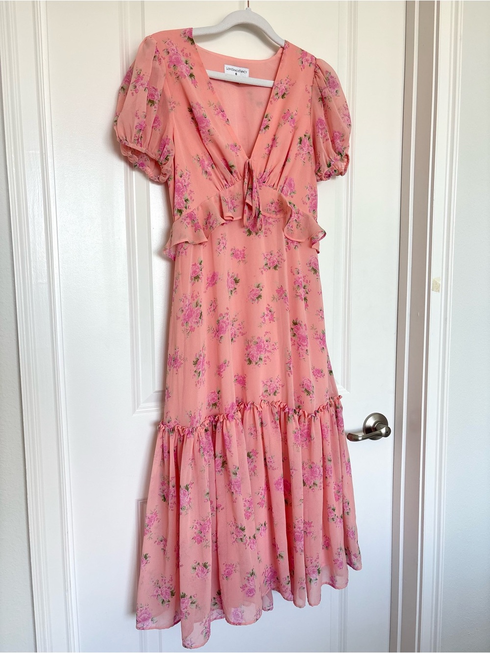LoveShackFancy Pink Floral Dress Puff Sleeve Tiered Cottagecore S